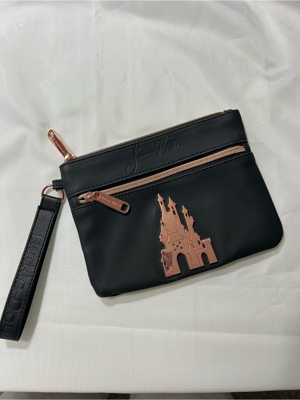 Buckle Down Collectible Snow White Black Wristlet with Rose Gold Castle Accent